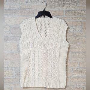 Handmade Fisherman Style V-neck Sweater Vest Cable Knit Ivory Pullover Mens M-L